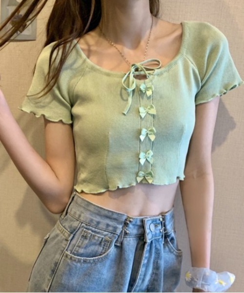 LADY LIKE(レディライク)の「フロントリボンメローステッチ半袖ニット(ニット/セーター・レディース・ブラック/サックスブルー/マスタード/ホワイト/グリーン・M)」の20枚目の写真