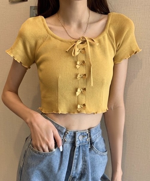 LADY LIKE(レディライク)の「フロントリボンメローステッチ半袖ニット(ニット/セーター・レディース・ブラック/サックスブルー/マスタード/ホワイト/グリーン・M)」の22枚目の写真