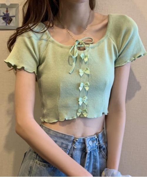 LADY LIKE(レディライク)の「フロントリボンメローステッチ半袖ニット(ニット/セーター・レディース・ブラック/サックスブルー/マスタード/ホワイト/グリーン・M)」の21枚目の写真