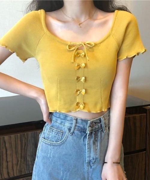 イエロー リブ編み 半袖ニット STYLEBLOCK ニット セーター レース付きフロントボタン半袖