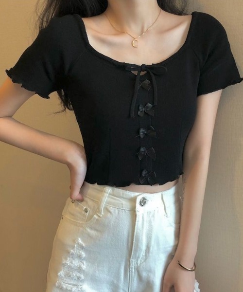 【Rene】半袖サマーニット36リボンブローチつき パンチングリボン半袖ニット[品番：FROW0001349]｜by muni:r