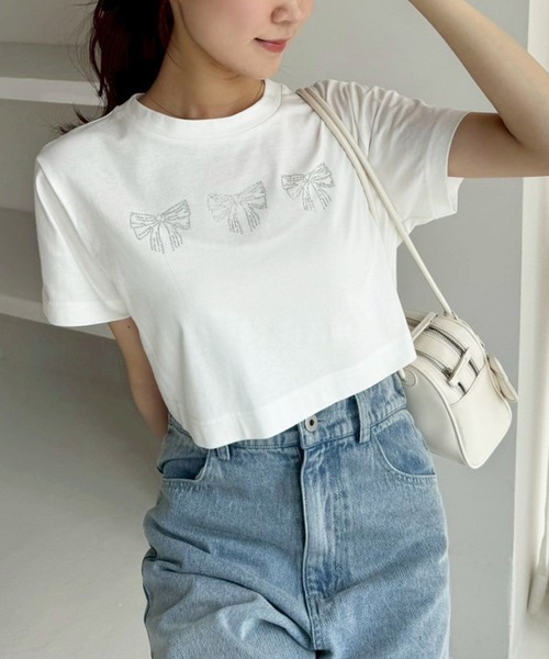 one after another NICE CLAUP(ワンアフターアナザーナイスクラップ)の「ネコ/リボンアソートショートTシャツ(Tシャツ/カットソー・レディース・ブラック/オフホワイト/チャコールグレー/ホワイト・FREE)」の1枚目の写真