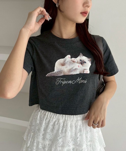 one after another NICE CLAUP(ワンアフターアナザーナイスクラップ)の「ネコ/リボンアソートショートTシャツ(Tシャツ/カットソー・レディース・ブラック/オフホワイト/チャコールグレー/ホワイト・FREE)」の4枚目の写真