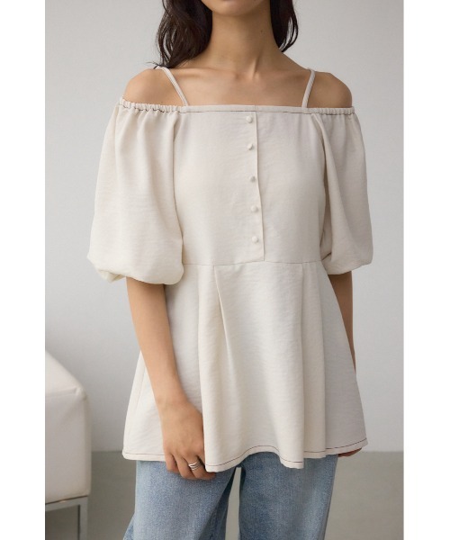 AZUL by moussy(アズールバイマウジー)の「2WAYパフスリーブ配色ペプラムブラウス(シャツ/ブラウス・レディース・アイボリー/ブラック/ピンク・FREE)」の2枚目の写真
