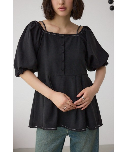AZUL by moussy(アズールバイマウジー)の「2WAYパフスリーブ配色ペプラムブラウス(シャツ/ブラウス・レディース・アイボリー/ブラック/ピンク・FREE)」の1枚目の写真