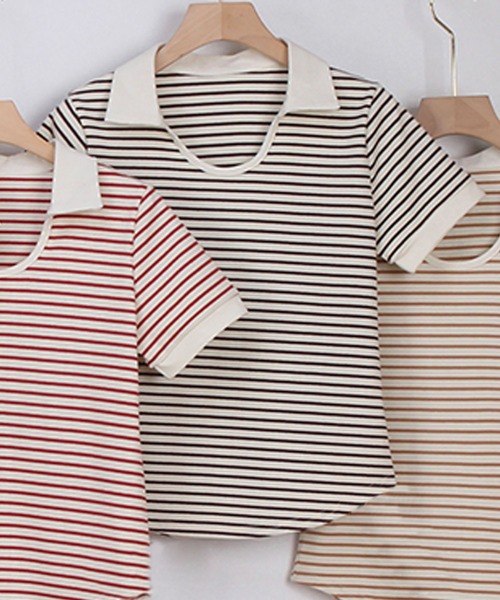 aimoha(アイモハ)の「ボーダー クルーネックTシャツ(Tシャツ/カットソー・レディース・チョコ/レッド/ベージュ/ライトグリーン/ブラック・FREE)」の8枚目の写真