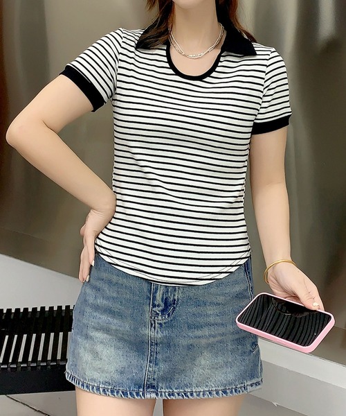 aimoha(アイモハ)の「ボーダー クルーネックTシャツ(Tシャツ/カットソー・レディース・チョコ/レッド/ベージュ/ライトグリーン/ブラック・FREE)」の6枚目の写真