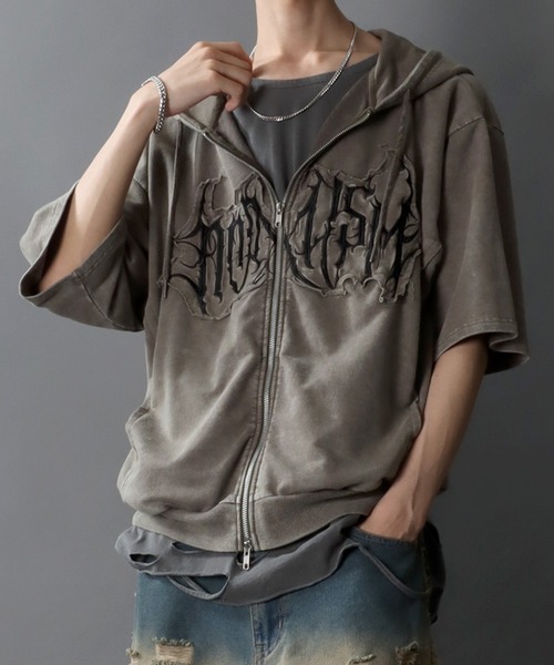 SITRY(シトリー)の「Grunge Style Sweat Hoodie/グランジ ヴィンテージライク ダブルジップ オーバーサイズ 裏毛 半袖 フルジップパーカー フーディー パーカー スウェット レディース メンズ(パーカー・メンズ・チャコール/カーキ・L/M)」の21枚目の写真