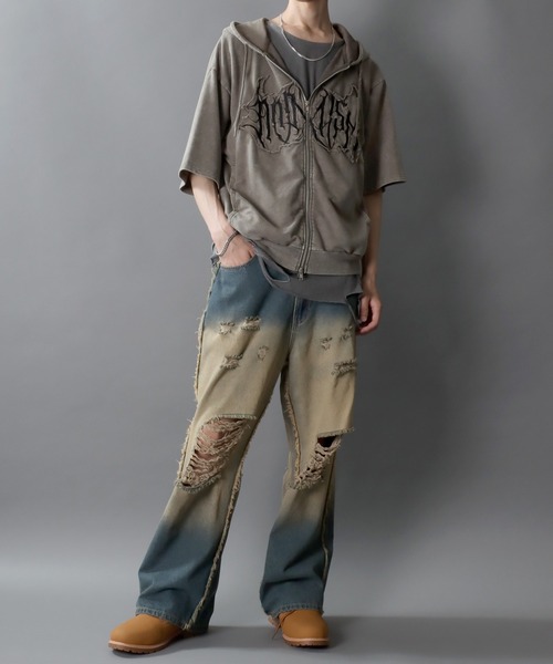 SITRY(シトリー)の「Grunge Style Sweat Hoodie/グランジ ヴィンテージライク ダブルジップ オーバーサイズ 裏毛 半袖 フルジップパーカー フーディー パーカー スウェット レディース メンズ(パーカー・メンズ・チャコール/カーキ・L/M)」の22枚目の写真