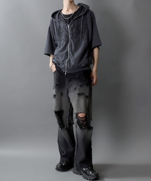 SITRY(シトリー)の「Grunge Style Sweat Hoodie/グランジ ヴィンテージライク ダブルジップ オーバーサイズ 裏毛 半袖 フルジップパーカー フーディー パーカー スウェット レディース メンズ(パーカー・メンズ・チャコール/カーキ・L/M)」の17枚目の写真