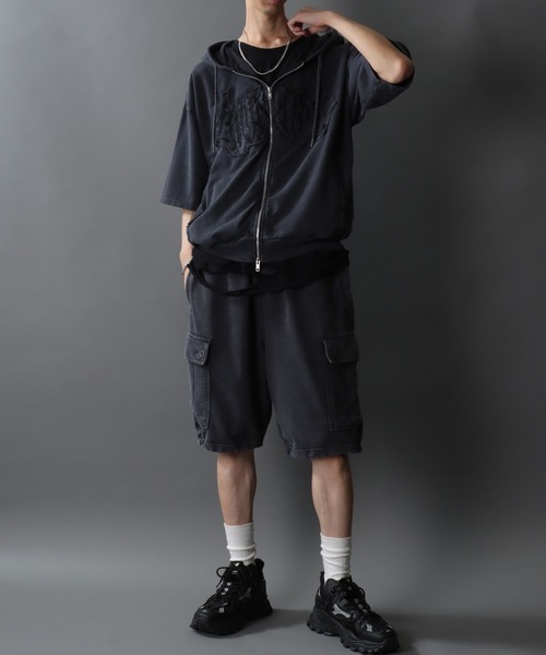 SITRY(シトリー)の「Grunge Style Sweat Hoodie/グランジ ヴィンテージライク ダブルジップ オーバーサイズ 裏毛 半袖 フルジップパーカー フーディー パーカー スウェット レディース メンズ(パーカー・メンズ・チャコール/カーキ・L/M)」の19枚目の写真