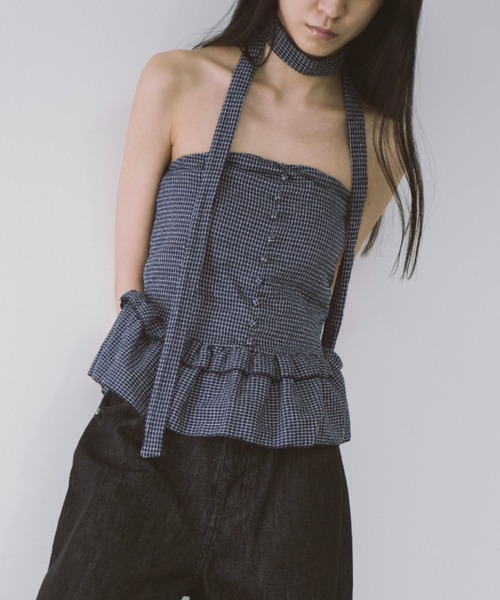 duei（デュイ）の「チョーカー付きチェックフリルベアビスチェ（チューブトップ・レディース・ホワイト/ネイビー・FREE）」の2枚目の写真