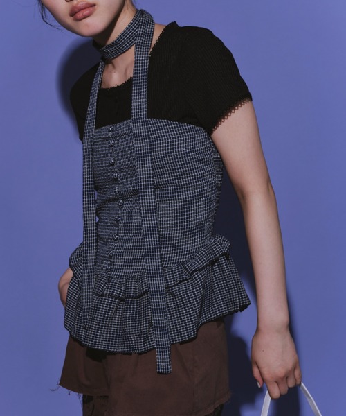 duei（デュイ）の「チョーカー付きチェックフリルベアビスチェ（チューブトップ・レディース・ホワイト/ネイビー・FREE）」の3枚目の写真