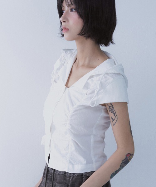 A'GEM/9 × .kom 「SETSETSET/セットセットセット」 MIDSUMMER SHIRRING HOODED SHIRT/ミッドサマー A'GEM/9 × .kom 『SETSETSET/セットセットセット』 MIDSUMMER