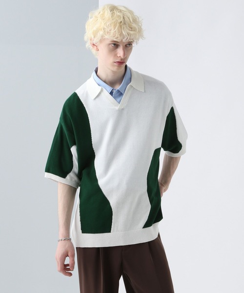 HARE(ハレ)の「ウェーブハイショクニットポロ(HARE)(ニット/セーター・メンズ・ブラック系その他/ホワイト系その他・FREE)」の1枚目の写真