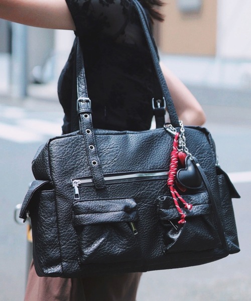 A4収納可】マルチポケットレザーライクボストンバッグ/トートバッグ