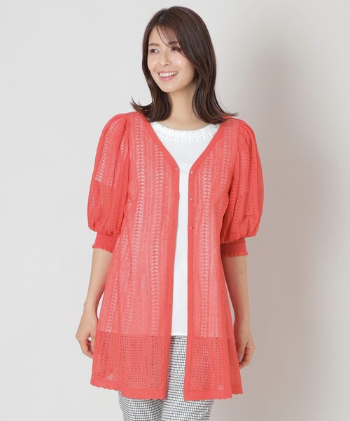 TO BE CHIC（トゥー ビー シック）の「透かし編み ミドルニットカーディガン（カーディガン/ボレロ・レディース・レッド系その他/ブラック/オフホワイト・40/42）」の3枚目の写真