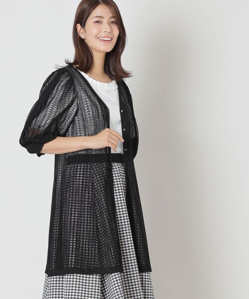 TO BE CHIC（トゥー ビー シック）の「透かし編み ミドルニットカーディガン（カーディガン/ボレロ・レディース・レッド系その他/ブラック/オフホワイト・40/42）」の2枚目の写真