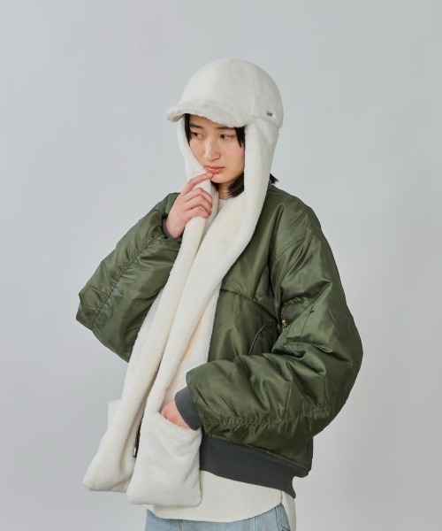 OVERRIDE（オーバーライド）の「OVERRIDE  MINIFUR WINTER SCARFCAP SGP / オーバーライド（キャップ・レディース・ダークグレー/ホワイト/レオパード・58cm）」の5枚目の写真