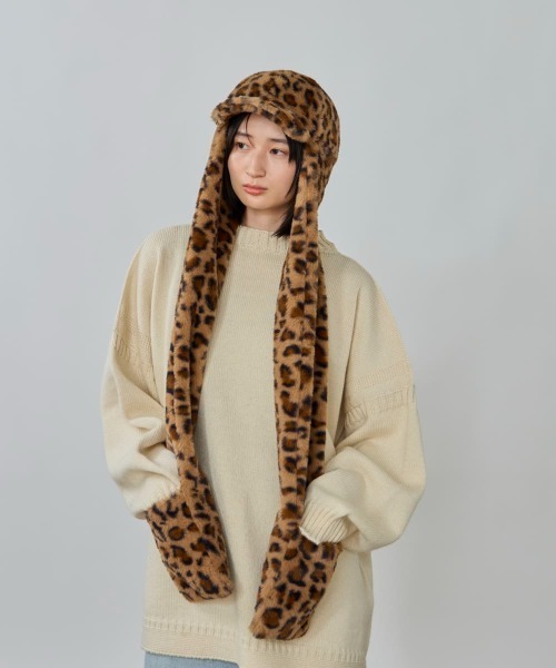 OVERRIDE（オーバーライド）の「OVERRIDE  MINIFUR WINTER SCARFCAP SGP / オーバーライド（キャップ・レディース・ダークグレー/ホワイト/レオパード・58cm）」の10枚目の写真