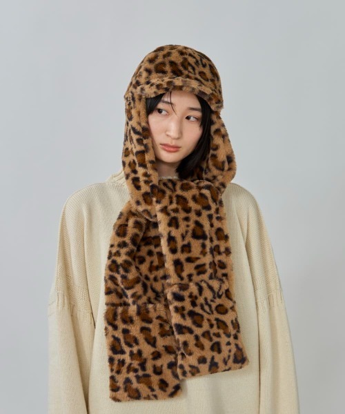 OVERRIDE（オーバーライド）の「OVERRIDE  MINIFUR WINTER SCARFCAP SGP / オーバーライド（キャップ・レディース・ダークグレー/ホワイト/レオパード・58cm）」の15枚目の写真