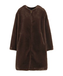ノーカラーコート（ブラウン/茶色系・フェイクファー）ファッション