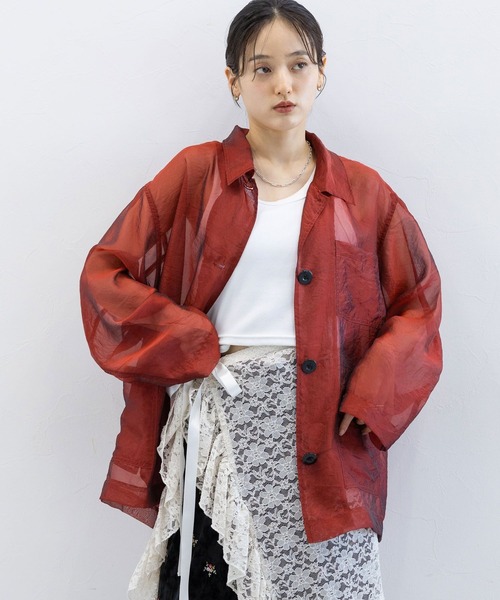 RAGEBLUE（レイジブルー）の「ルーズシアーシャツカバーオール（シャツ/ブラウス・レディース・ダークブラウン/ブラック/レッド系その他・FREE）」の3枚目の写真