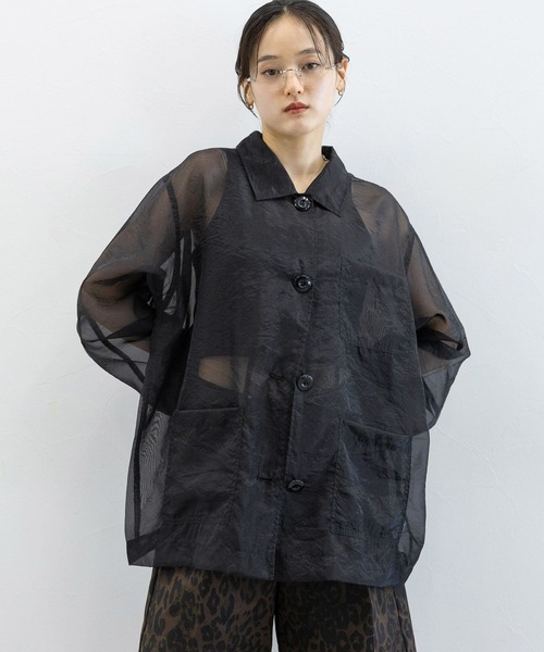 RAGEBLUE（レイジブルー）の「ルーズシアーシャツカバーオール（シャツ/ブラウス・レディース・ダークブラウン/ブラック/レッド系その他・FREE）」の2枚目の写真