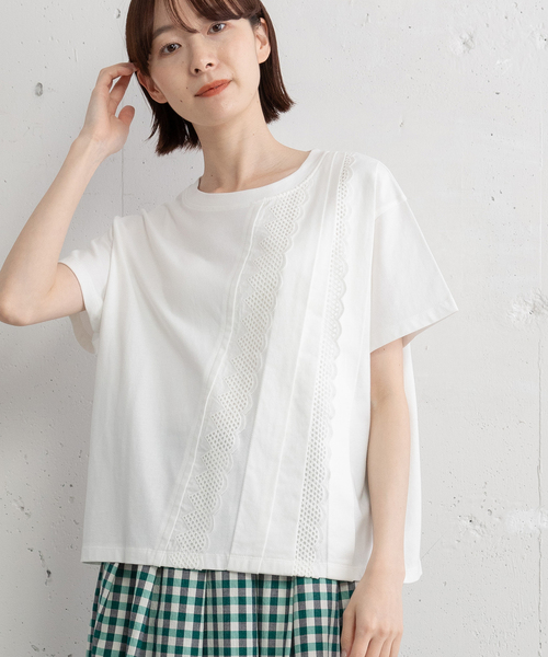 POU DOU DOU(プードゥドゥ)の「フロントレースタックプルオーバー(Tシャツ/カットソー・レディース・ブラック/オフホワイト・M)」の1枚目の写真