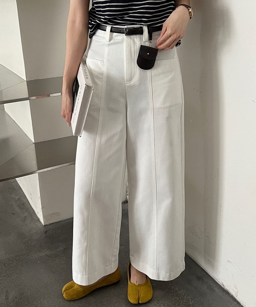 Lace Ladies(レースレディース)の「ベルトポーチ付き ハイウエスト ストレート ワイド パンツ(その他パンツ・レディース・ブラック/アイボリー/ネイビー・XL/M/S)」の1枚目の写真