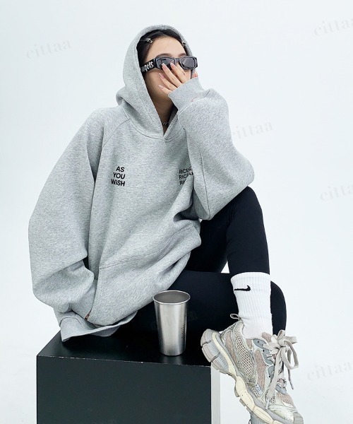 韓国ファッション RICECAKEバックロゴラグランフーディー（パーカー