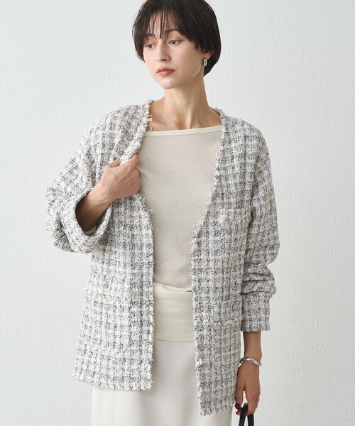 LOUNGEDRESS（ラウンジドレス）の「ミックスツイードジャケット（ノーカラージャケット・レディース・アイボリー/ベージュ・FREE）」の9枚目の写真
