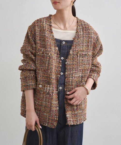 セール】ミックスツイードジャケット（ノーカラージャケット