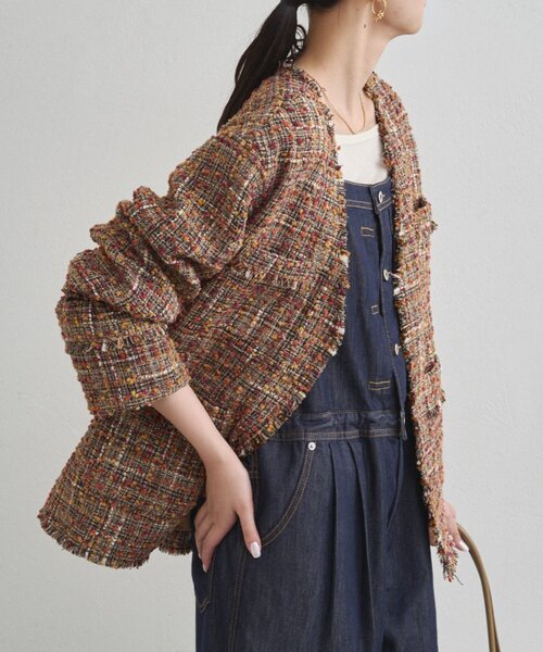 セール】ミックスツイードジャケット（ノーカラージャケット