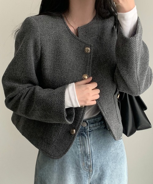 FREE STYLISTS(フリー スタイリスト)の「YUGA_YGMC tweed button jacket(ノーカラージャケット・レディース・グレー/オフホワイト・FREE)」の1枚目の写真
