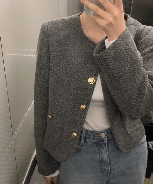 FREE STYLISTS(フリー スタイリスト)の「YUGA_YGMC tweed button jacket(ノーカラージャケット・レディース・グレー/オフホワイト・FREE)」の5枚目の写真