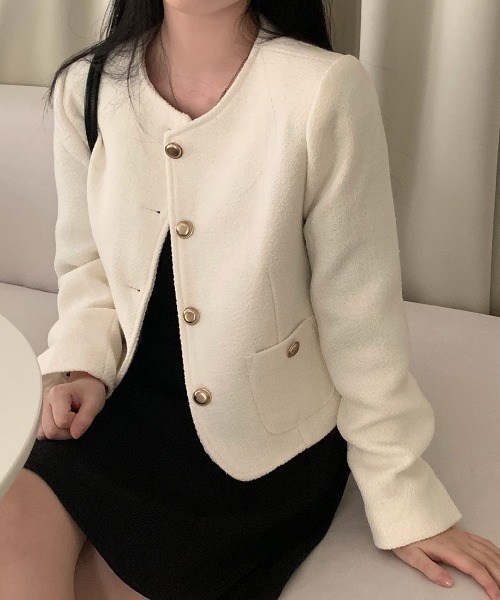FREE STYLISTS(フリー スタイリスト)の「YUGA_YGMC tweed button jacket(ノーカラージャケット・レディース・グレー/オフホワイト・FREE)」の6枚目の写真