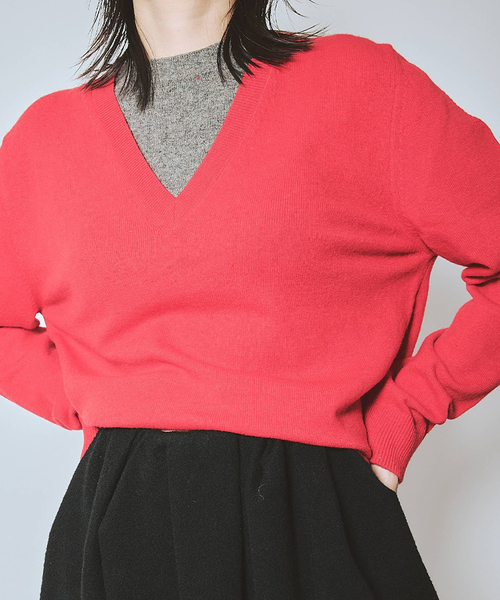 セール】【RECTO/レクト】CONTRAST LAYERED V-NECK KNIT TOP：ニット
