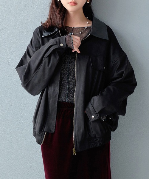 STYLEBLOCK(スタイルブロック)の「異素材切替スエードブルゾン(その他アウター・レディース・ブラック/アイボリー/ブラウン・FREE)」の2枚目の写真