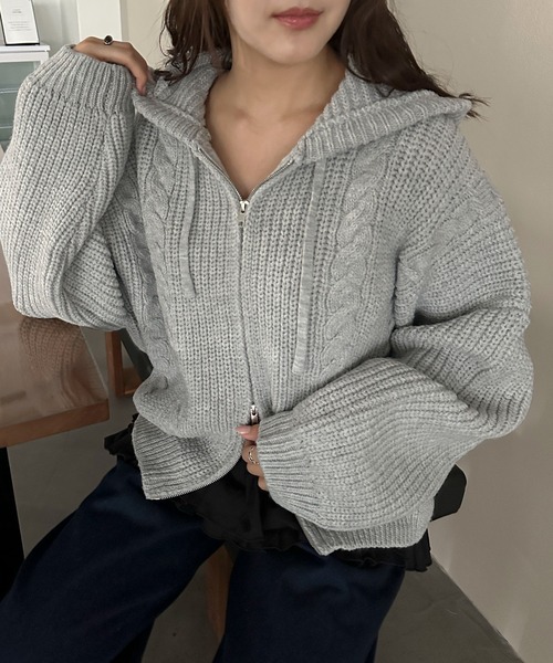 PILIT（ピリット）の「ケーブルニットフーディ（ニット/セーター・レディース・杢グレー/アイボリー・MEDIUM）」の17枚目の写真