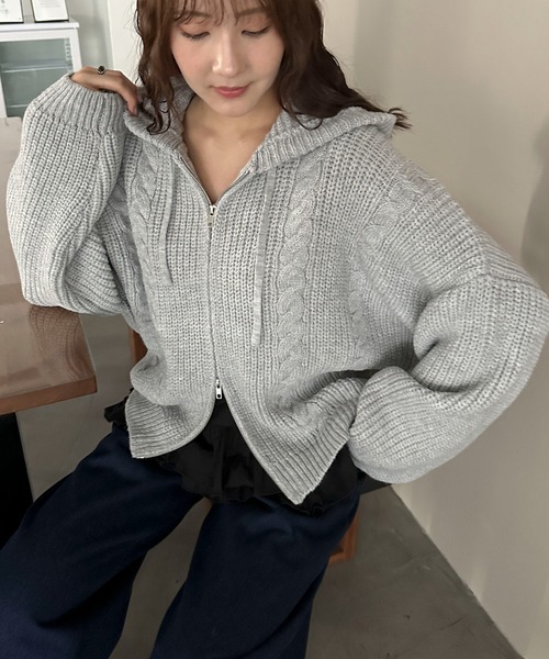 PILIT（ピリット）の「ケーブルニットフーディ（ニット/セーター・レディース・杢グレー/アイボリー・MEDIUM）」の18枚目の写真