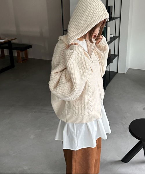 PILIT（ピリット）の「ケーブルニットフーディ（ニット/セーター・レディース・杢グレー/アイボリー・MEDIUM）」の16枚目の写真