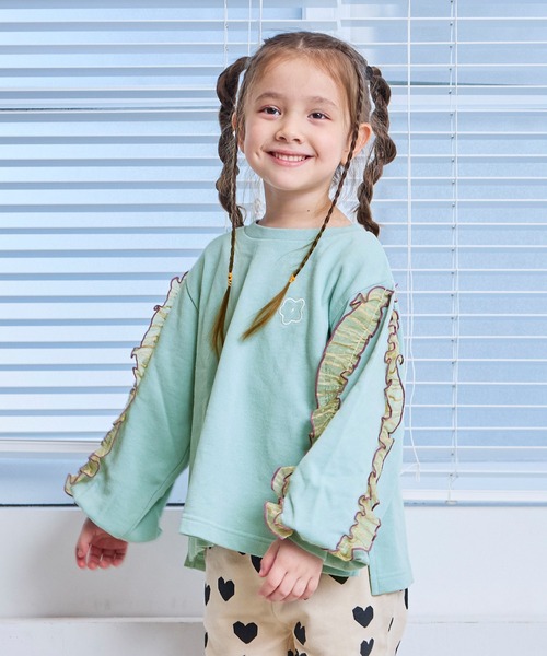 MARKEY'S(マーキーズ)の「ウラケショルダーフリルトレーナー(スウェット・キッズ・チャコール/ホワイト系その他/ライトブルー・80/90/100/110/120/130/140/150)」の1枚目の写真