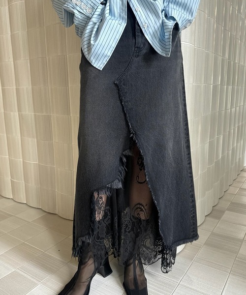 Ameri（アメリ）の「REMAKE LIKE DENIM LACE LAYERED SKIRT（デニムスカート・レディース・ブラック/ライトブルー・24inch/25inch/26inch）」の2枚目の写真