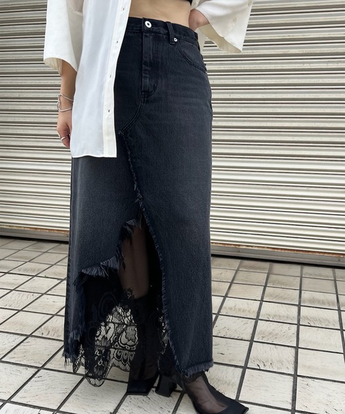 Ameri（アメリ）の「REMAKE LIKE DENIM LACE LAYERED SKIRT（デニムスカート・レディース・ブラック/ライトブルー・24inch/25inch/26inch）」の3枚目の写真