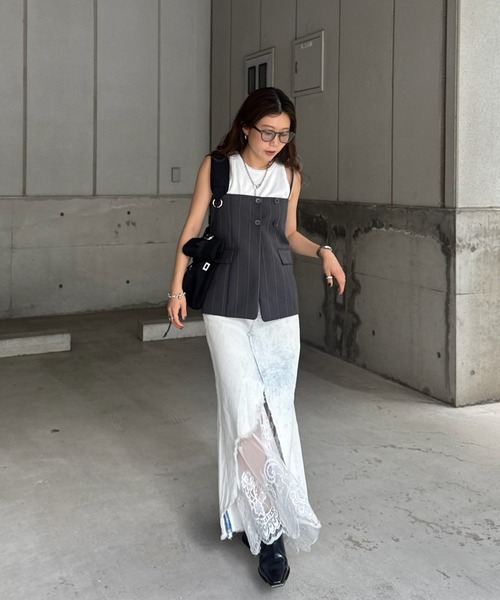 Ameri（アメリ）の「REMAKE LIKE DENIM LACE LAYERED SKIRT（デニムスカート・レディース・ブラック/ライトブルー・24inch/25inch/26inch）」の8枚目の写真