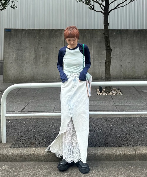 Ameri（アメリ）の「REMAKE LIKE DENIM LACE LAYERED SKIRT（デニムスカート・レディース・ブラック/ライトブルー・24inch/25inch/26inch）」の12枚目の写真