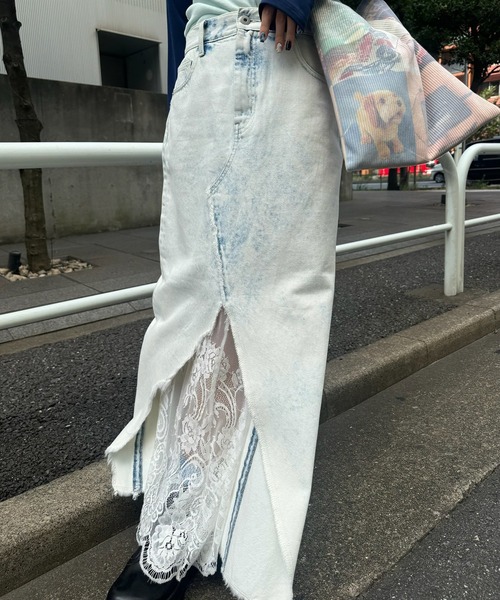 Ameri（アメリ）の「REMAKE LIKE DENIM LACE LAYERED SKIRT（デニムスカート・レディース・ブラック/ライトブルー・24inch/25inch/26inch）」の14枚目の写真