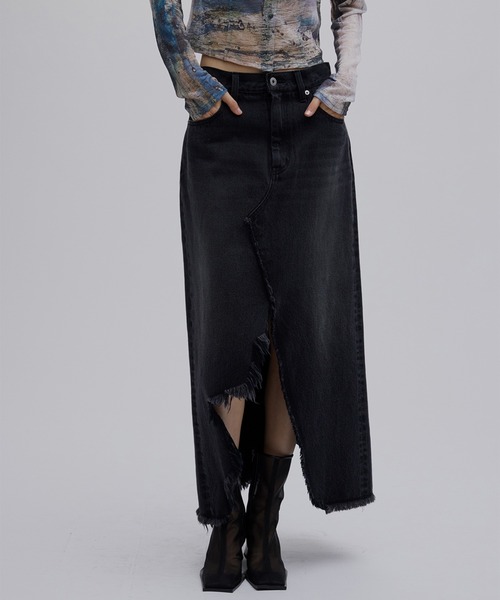 【新品タグ付き】AMERI デニムレースレイヤースカート 26インチ REMAKE LIKE DENIM LACE LAYERED SKIRT