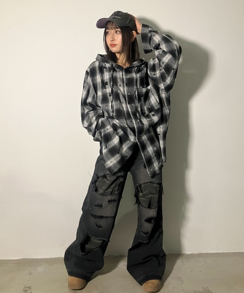 A'gem（エージェム）の「A'GEM/9 × .kom 『A'gem/エージェム』ダメージフードチャックシャツ（シャツ/ブラウス・メンズ・ピンク/ブラック・FREE）」の7枚目の写真